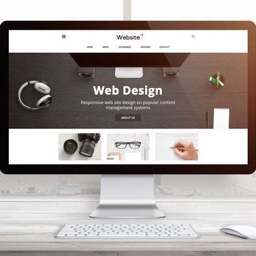 Web site studio presentation on responsive display devices. Modern studio interior. White wooden desk. Window and sun light in background.